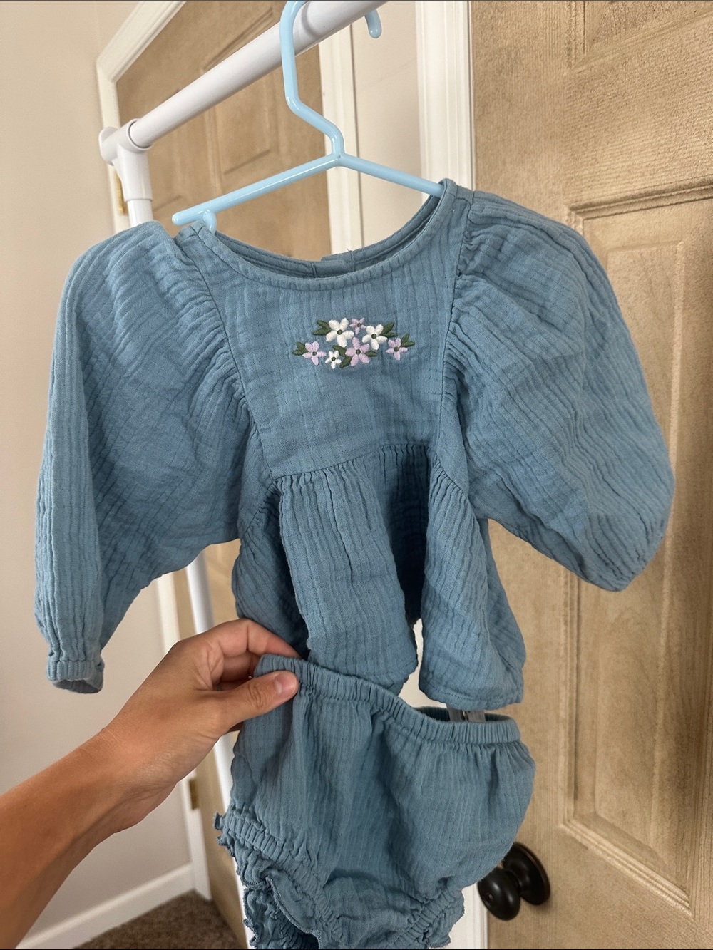 cloud island Dusty Blue Textured Peplum Top with Floral Embroidery